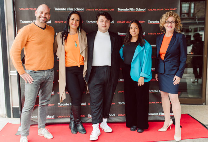 The cast of Little Bird on the red carpet with Andrew Barnsley and Julia Christensen Hughes
