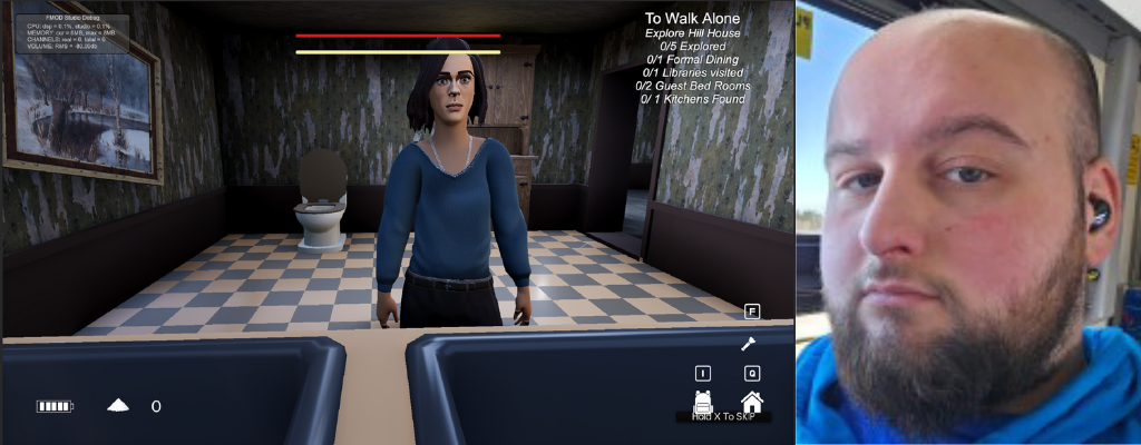 Screenshot from The House on the Hill, a video game project Brandon Marshall contributed to, featuring one of the in-game surveillance cameras he designed and positioned as part of the environment.
