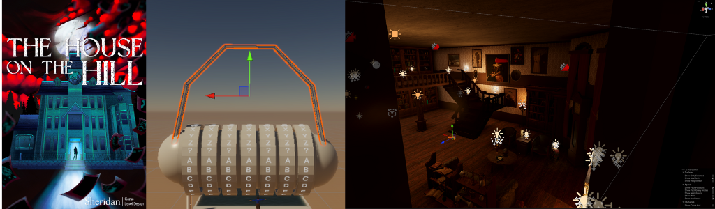 Collage of images from The House on the Hill, featuring Brandon Marshall’s work: an interactive alphabetical lock puzzle he created, a room with one of his in-game camera setups, and the official game poster by Kasia Millard.