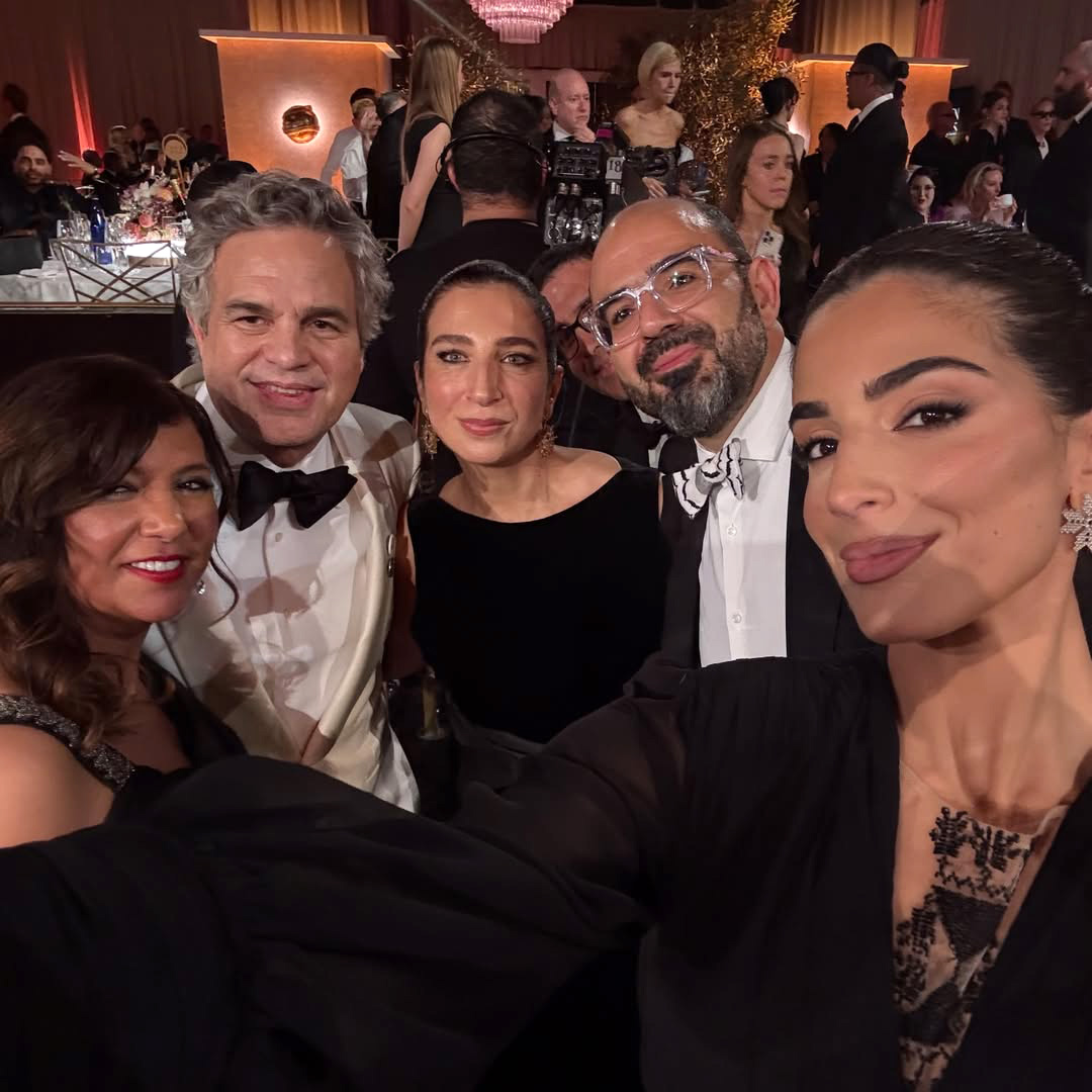 Kilani (far right) poses for a selfie at the Golden Globe Awards with (L-R) her Voice of Hind Rajab director Kaouther Ben Hania, actor Mark Ruffalo, and her co-stars Clara Khoury and Amer Hlehel.