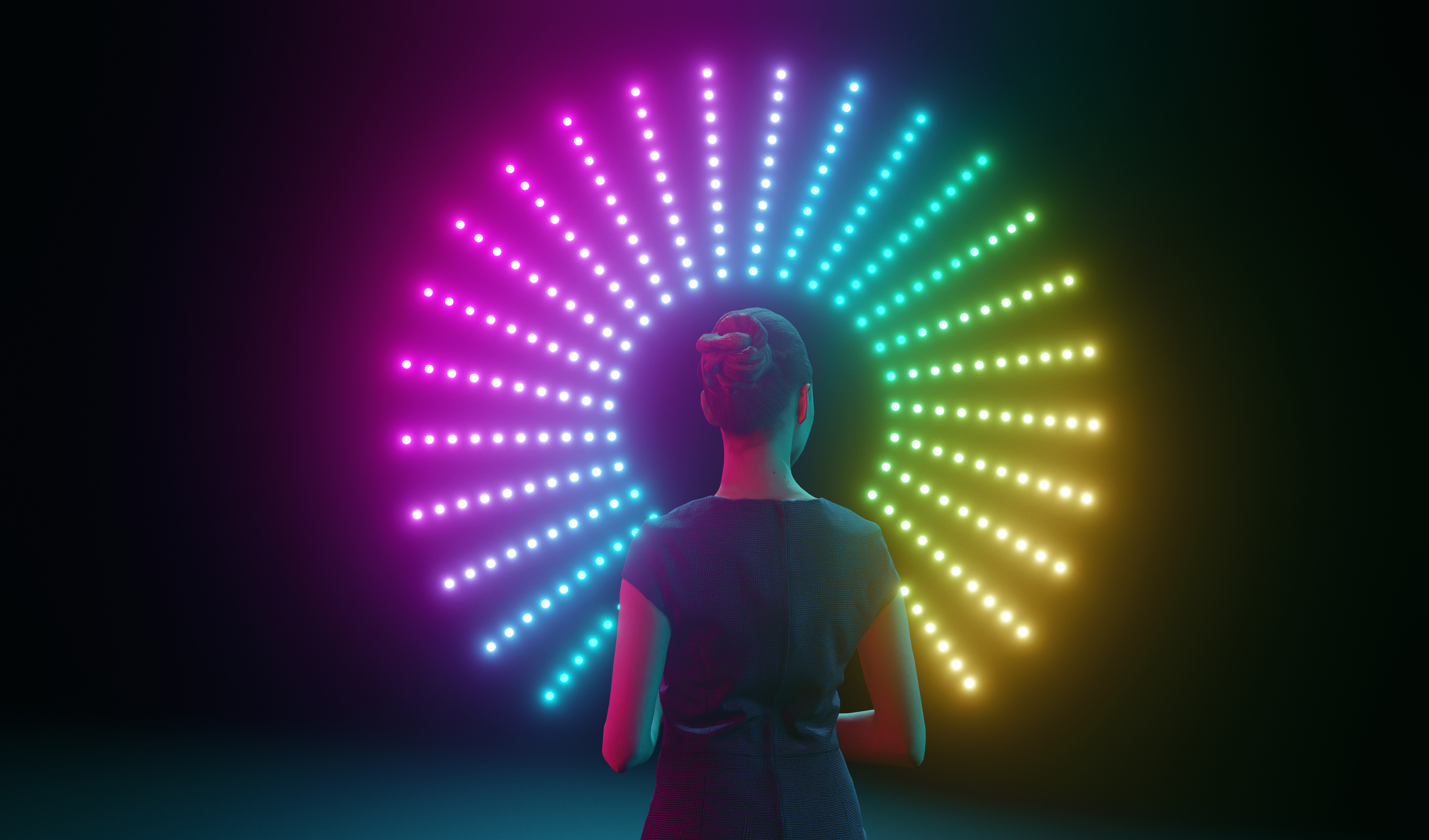 Image of woman in front of futuristic looking 3-D representation of Artificial Intelligence. 
